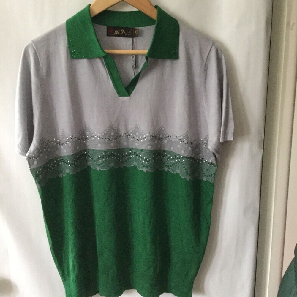 New Women's Polo Tee Top Beaded Embellished  Size M Green Grey Color Block